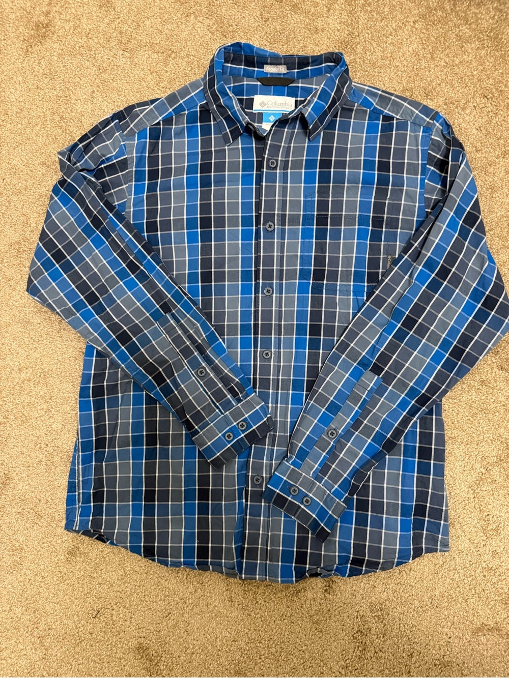 Columbia Blue and Navy Plaid Shirt men’s medium. F8